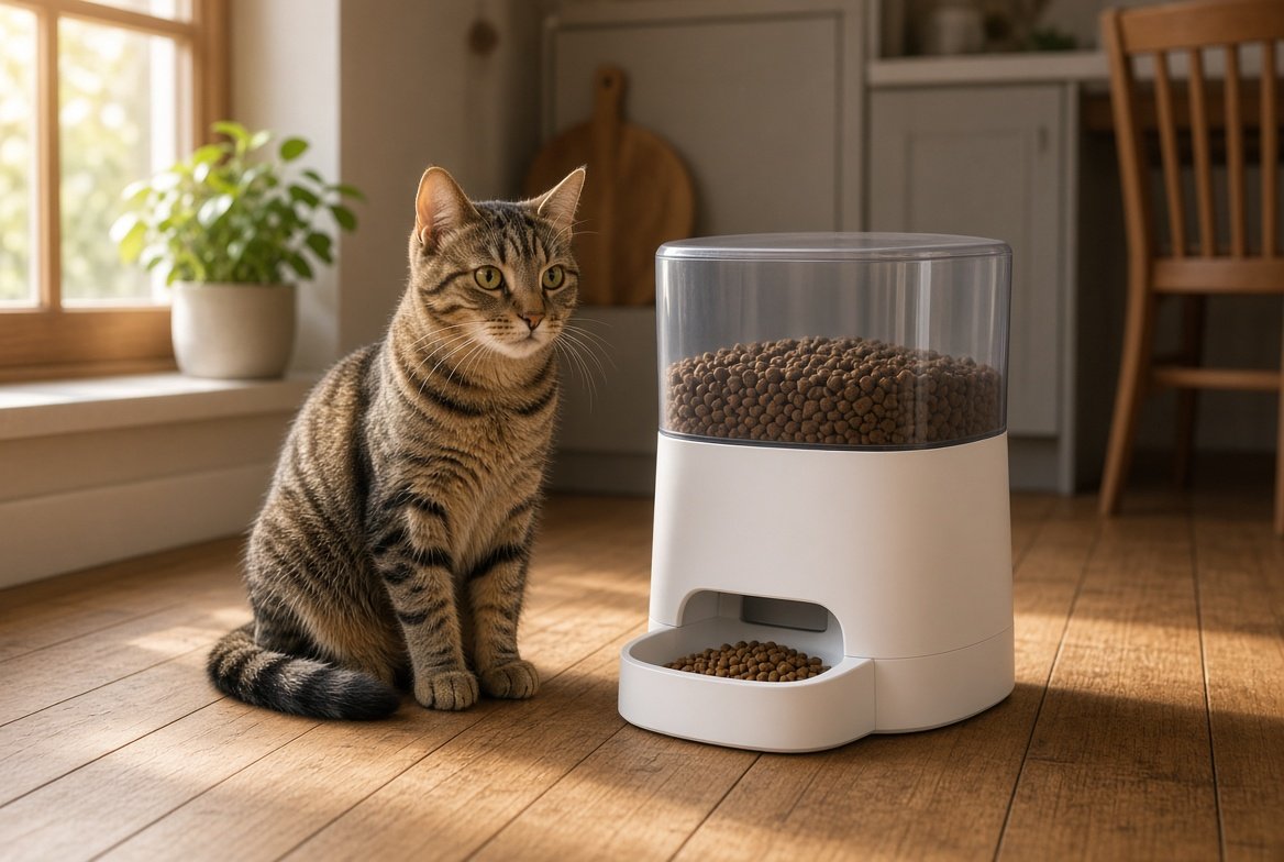 Cat waiting beside an automatic feeder in a home kitchen