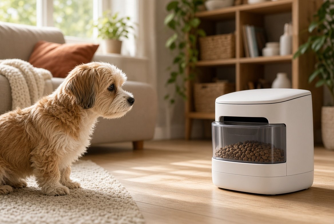 Small dog watching a programmable feeder in a living room